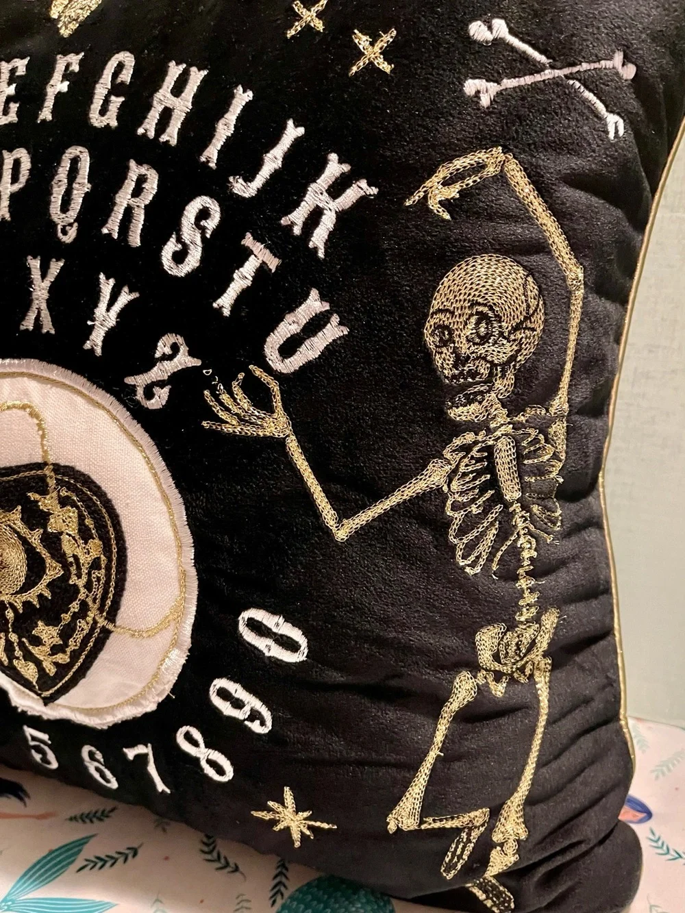 Ouija Planchette Embroidered Velvet Pillow - Black and Gold with Skeletons